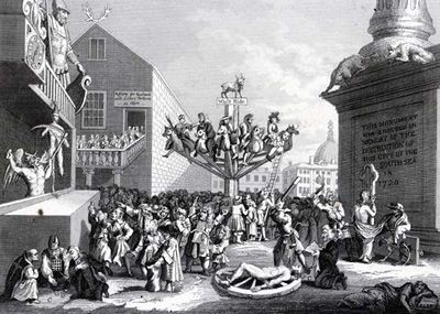 Сатирическая иллюстрация Уильяма Хогарта на тему развала Компании Южных морей (South Sea Company). В 1720 году компания согласилась финансировать долги правительства в обмен на эксклюзивные торговые права в Южных морях. 